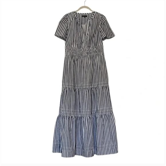 100% Organic Cotton Poplin Tiered Maxi Dress XS NWT Hudson Stripe Blue White - Picture 6 of 9